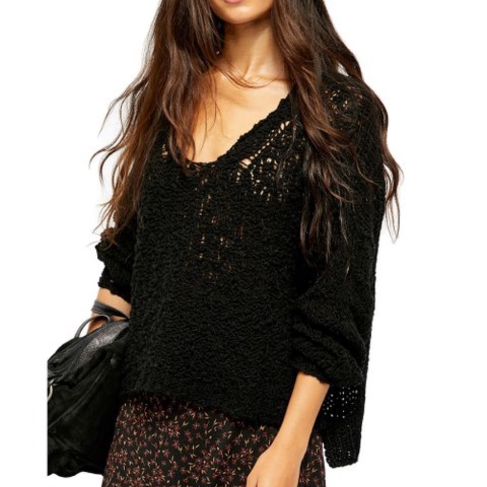 Free People Oversized Distressed Black crochet Sunday Shore Sweater Sz small